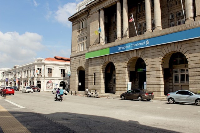 Lebuh Pantai, or Beach Street, dominated by the Standard Chartered Bank Building.