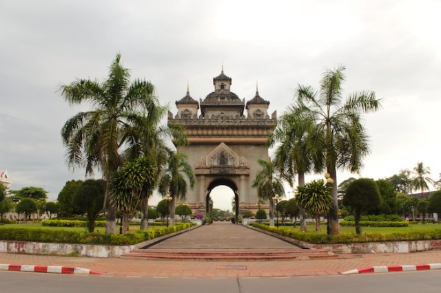 Patuxai, Victory Monument and symbol of Vientiane, supposedly constructed from concrete donated by the Americans for the city’s airport runway.