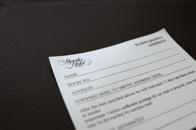 Forwarding address slip with the Manila Hotel’s iconic logo.