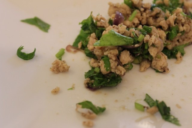 Larb Kai, minced chicken steeped in herbs. 