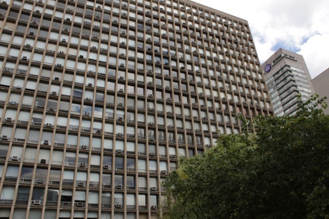 47 – One of the brutalist blocks of Kips Bay Towers, with a glimpse of NYU Medical Center to the right.  