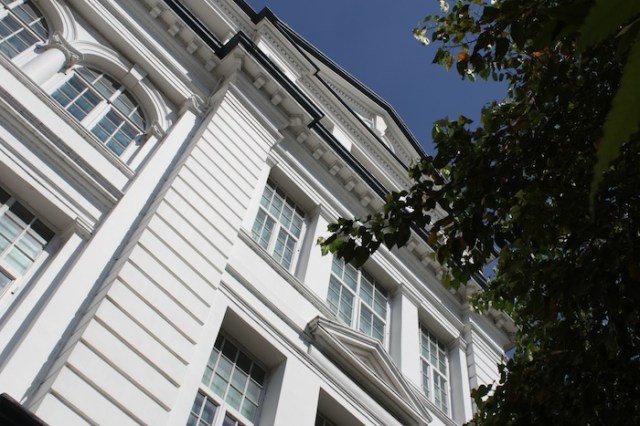 The gleaming white façade of the British Embassy, Strand Road. Formerly the J & F. Graham & Co. Building.