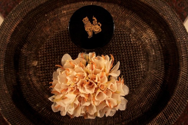 In my bathroom: a bouquet of deliciously scented local flowers, and a lacquer box with the hotel’s logo. 