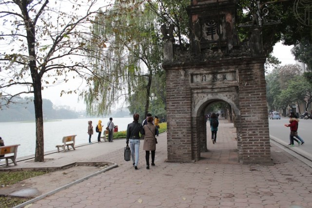 An ancient watchtower, along the shores of Hoan Kiem Lake. 