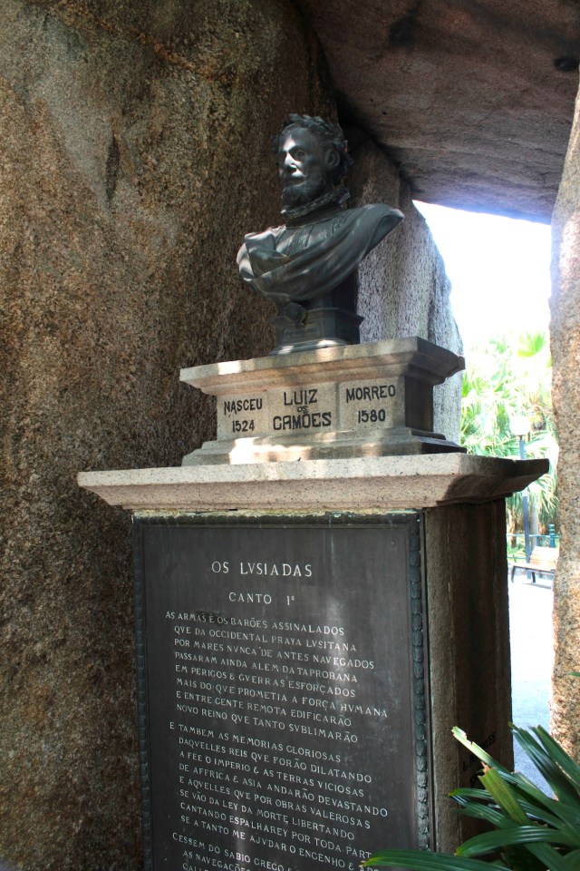 Bust of Luís de Camões (1524 - 1580), the famous Portuguese Poet who wrote the epic Os Lusiadas.  He is purported  to have lived in this grotto with his local wife in 1557.  The bust stands in Camoes Garden.