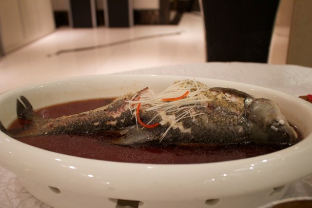 The famous steamed Wuchang bream.  Being a river fish, it is very bony, and so the best part of the fish, ironically the least bony - as the friendly waitress explained - is its belly.  