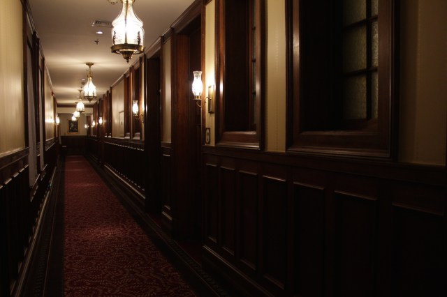 Gothic Victorian corridors in the Historic Wing - all wood panelling and carpeting.  