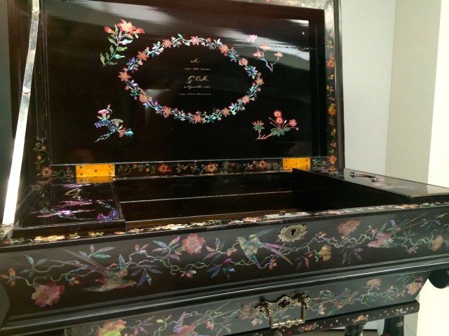 Nanban Sewing Table - interestingly the date and origin: "1851 Nagasaki" are inlaid in the inside of the cover.  This is late Dutch era, just before Dejima would be abolished.  