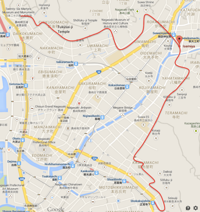 The itinerary of the Pilgrim's Tour - extending from the Memorial to Japan's 26 Catholic Martyrs, to Shokaku-ji. Time needed: at least one full day, if not two.