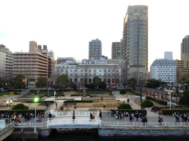 Hotel New Grand and Yamashita Park, as seen from the deck of the Hikawa Maru.