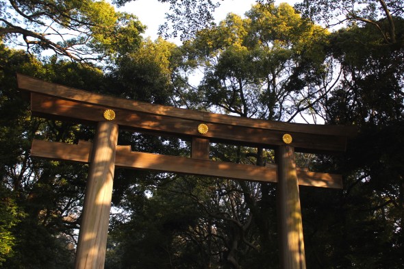 A torii marks the entrance to the Meiji Shrine. 
